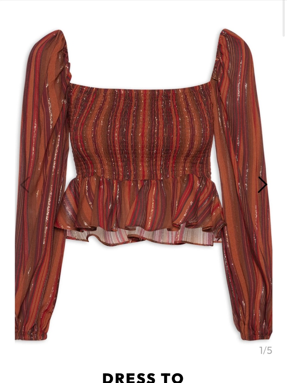 Smocked Rust Stripe Peplum Crop Top with Long Sleeves
